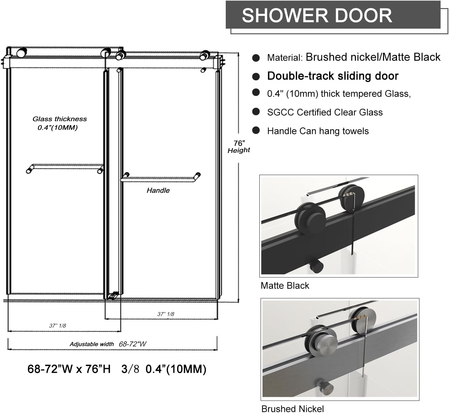 68-72" W x 76" H Frameless Sliding Shower Door, Double Sliding Glass Shower Door with Buffer 3/8"(10MM) Clear SGCC Tempered Glass, Explosion-Proof Film, Roller Disk System, Rust-Resistant.