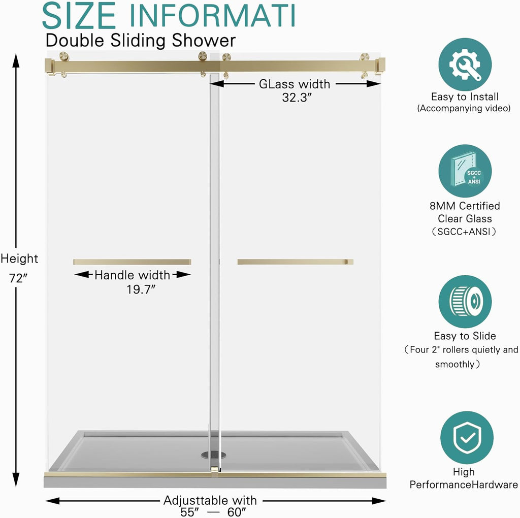 55-60" W x 72" H Frameless Double Sliding Shower Door for Walk-in Shower,5/16" (8mm) SGCC Certified Clear Tempered Safety Glass,Easy-Clean Coating,Quiet Heavy-Duty Roller System, Brushed Gold