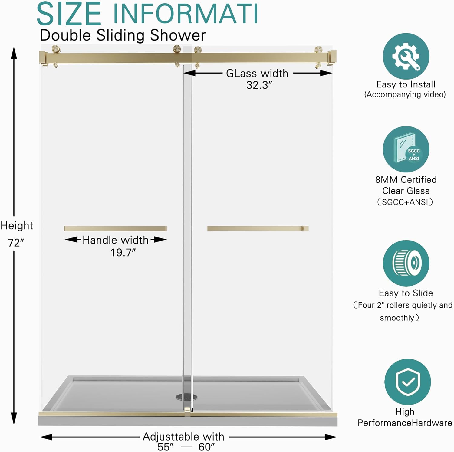 55-60" W x 72" H Frameless Double Sliding Shower Door for Walk-in Shower,5/16" (8mm) SGCC Certified Clear Tempered Safety Glass,Easy-Clean Coating,Quiet Heavy-Duty Roller System, Brushed Gold