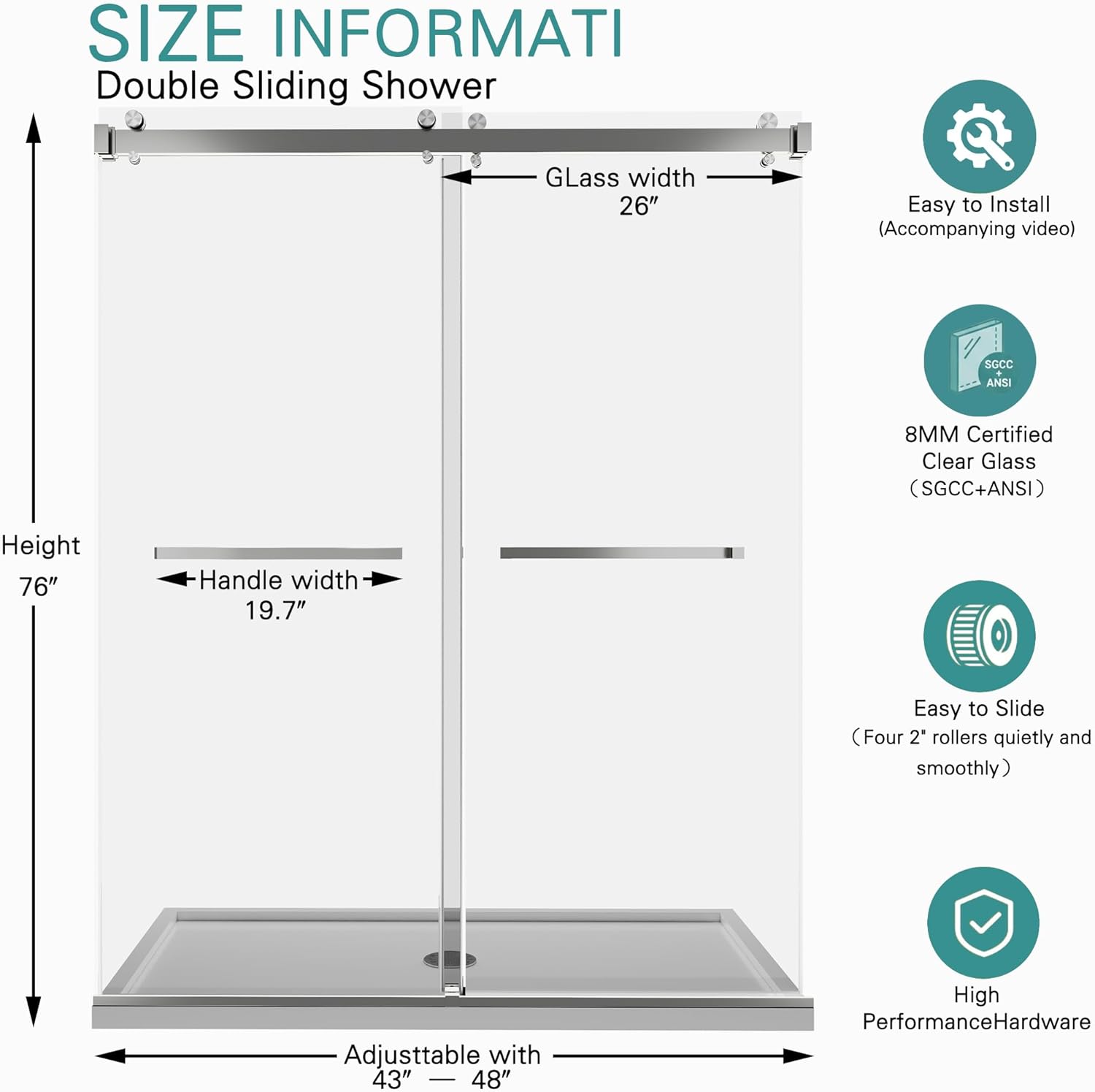 43-48" W x 76"H Frameless Double Sliding Shower Door for Walk-In Shower,5/16" (8mm) SGCC Certified Clear Tempered Safety Glass,Easy-Clean Coating,Quiet Heavy-Duty Roller System, Brushed Nickel