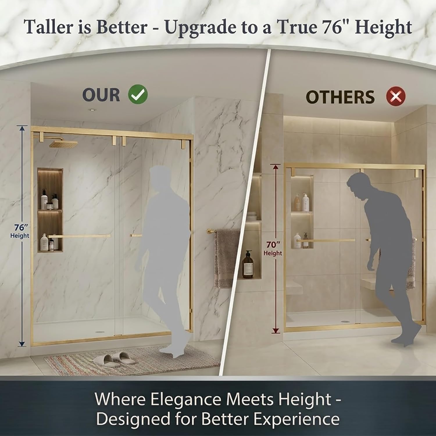43-48" W x 76" H Shower Door, Double Sliding Shower Door 1/4" (6mm) SGCC Certified Glass Shower Door, Easy-Clean Bathroom Door, Walk-in Shower, Brushed Gold
