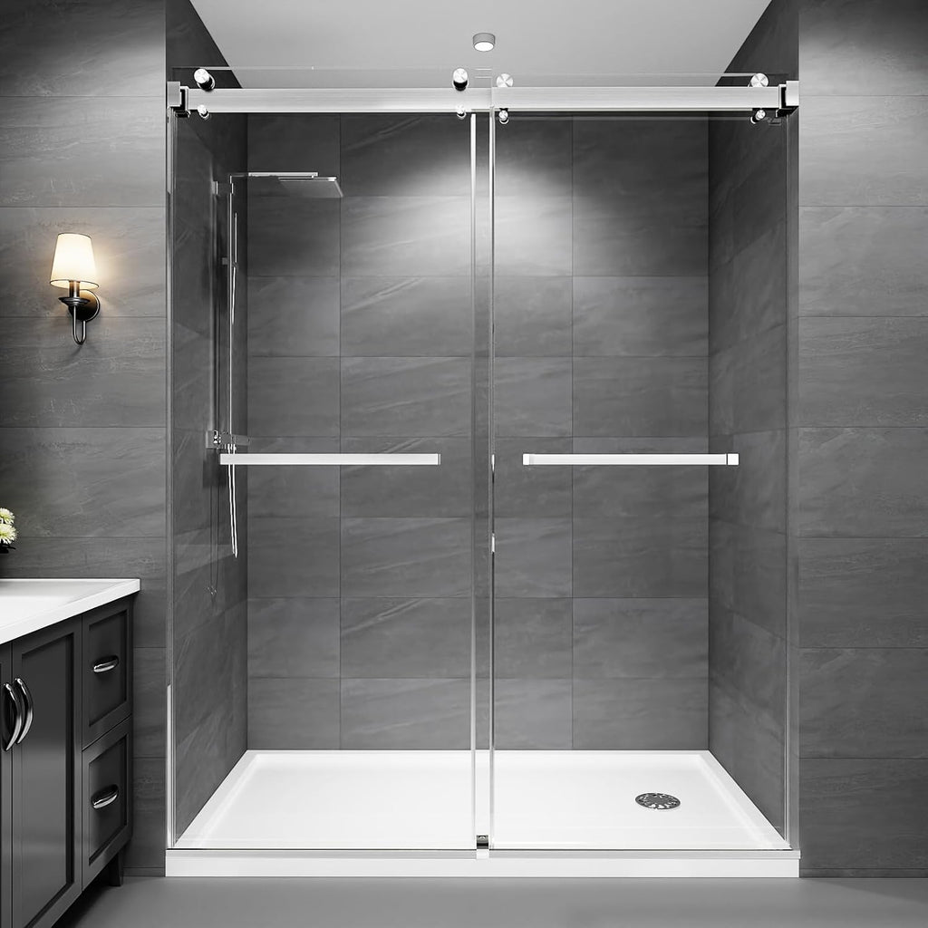 43-48" W x 76"H Frameless Double Sliding Shower Door for Walk-In Shower,5/16" (8mm) SGCC Certified Clear Tempered Safety Glass,Easy-Clean Coating,Quiet Heavy-Duty Roller System, Brushed Nickel
