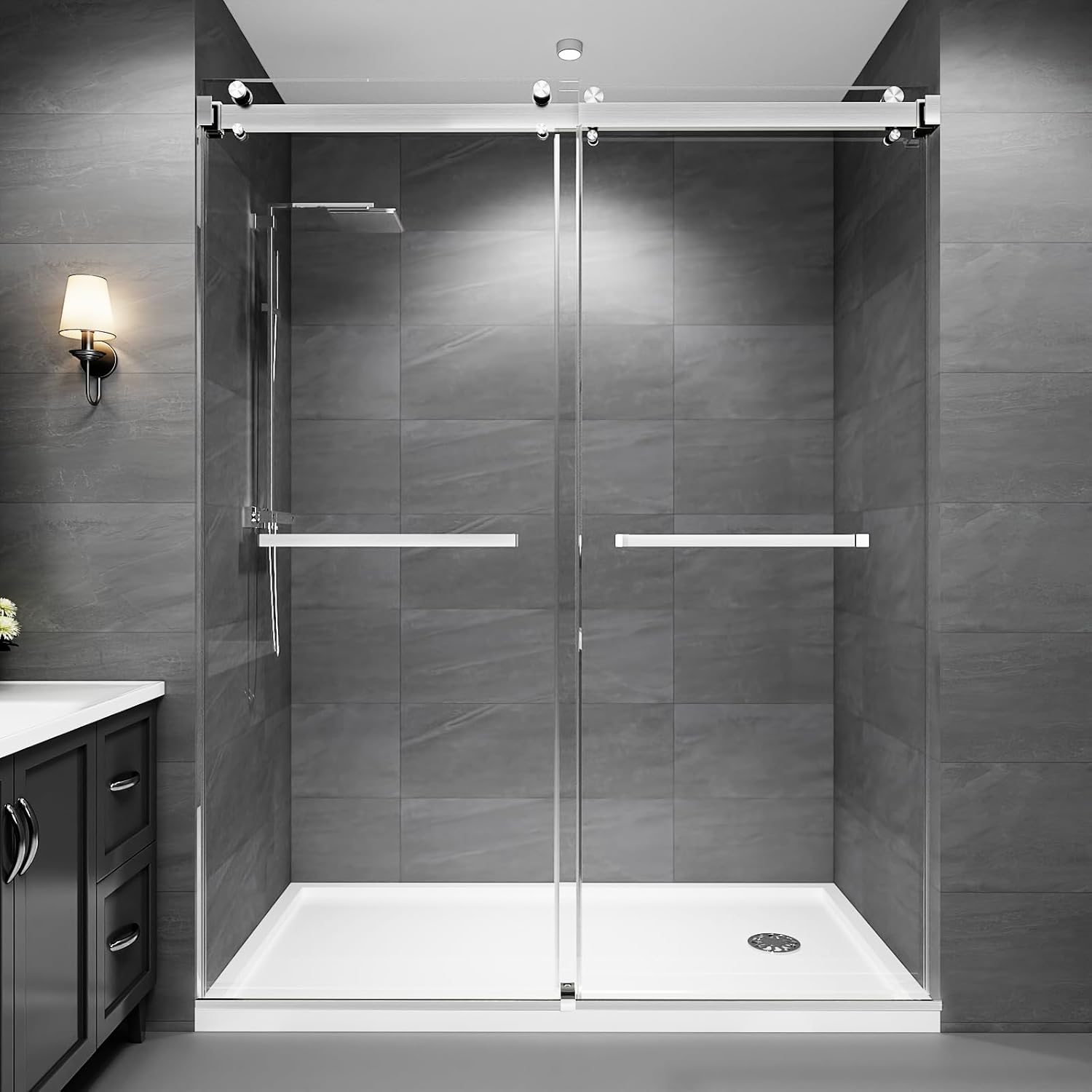 43-48" W x 76"H Frameless Double Sliding Shower Door for Walk-In Shower,5/16" (8mm) SGCC Certified Clear Tempered Safety Glass,Easy-Clean Coating,Quiet Heavy-Duty Roller System, Brushed Nickel