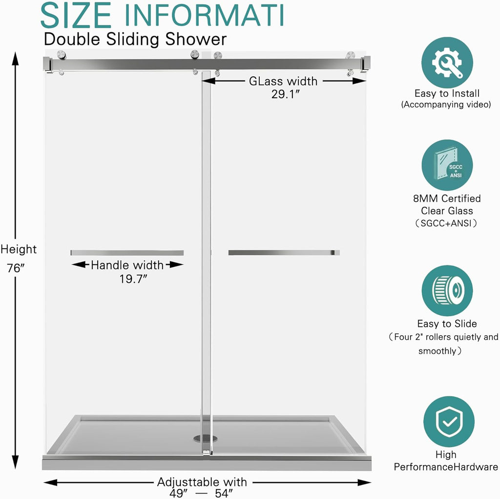 49-54" W x 76" H Frameless Double Sliding Shower Door | 5/16" SGCC Tempered Glass, Brushed Nickel