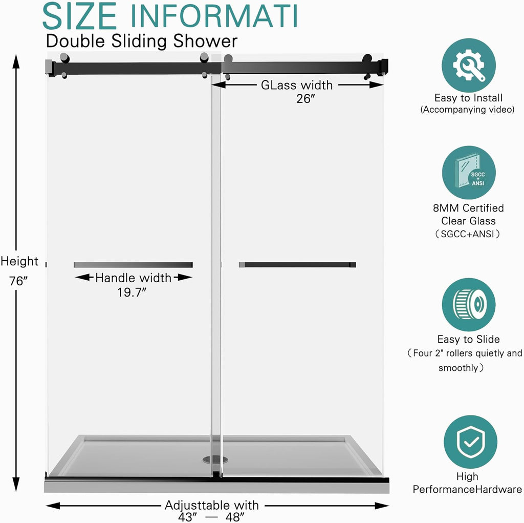 43-48" W x 76" H Frameless Double Sliding Shower Door for Walk-in Shower,5/16" (8mm) SGCC Certified Clear Tempered Safety Glass,Easy-Clean Coating,Quiet Heavy-Duty Roller System,Matte Black