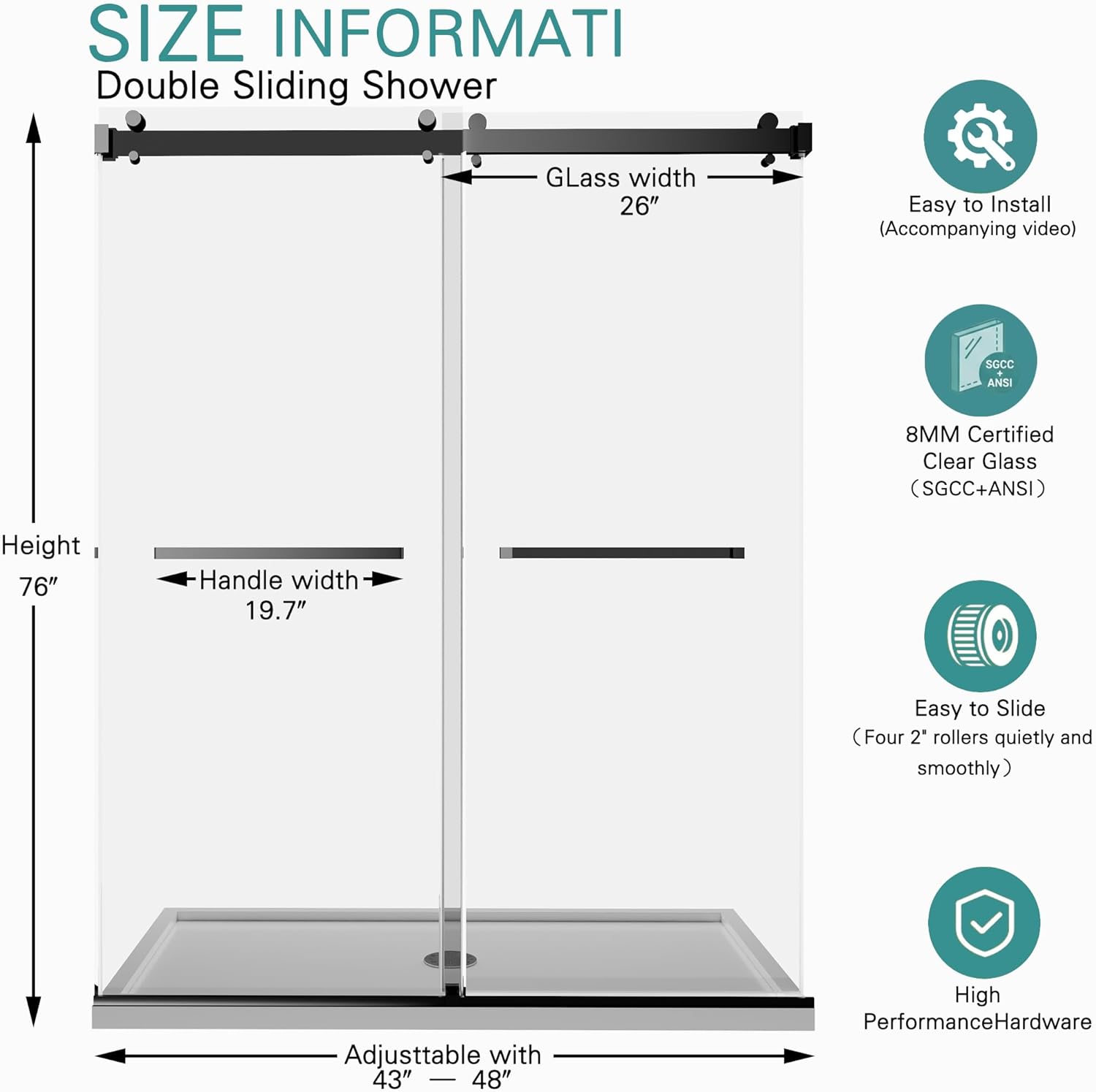 43-48" W x 76" H Frameless Double Sliding Shower Door for Walk-in Shower,5/16" (8mm) SGCC Certified Clear Tempered Safety Glass,Easy-Clean Coating,Quiet Heavy-Duty Roller System,Matte Black