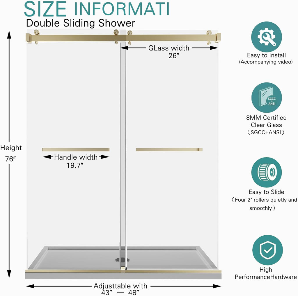 43-48" W x 76" H Frameless Double Sliding Shower Door for Walk-in Shower,5/16" (8mm) SGCC Certified Clear Tempered Safety Glass,Easy-Clean Coating,Quiet Heavy-Duty Roller System,Brushed Gold