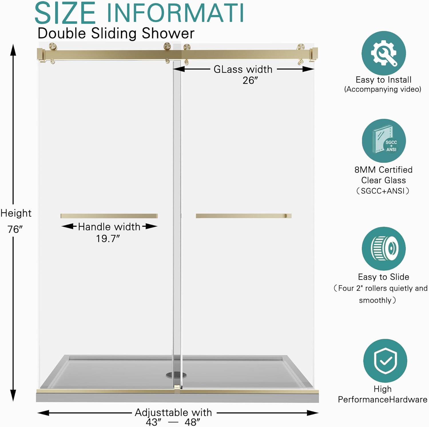 43-48" W x 76" H Frameless Double Sliding Shower Door for Walk-in Shower,5/16" (8mm) SGCC Certified Clear Tempered Safety Glass,Easy-Clean Coating,Quiet Heavy-Duty Roller System,Brushed Gold