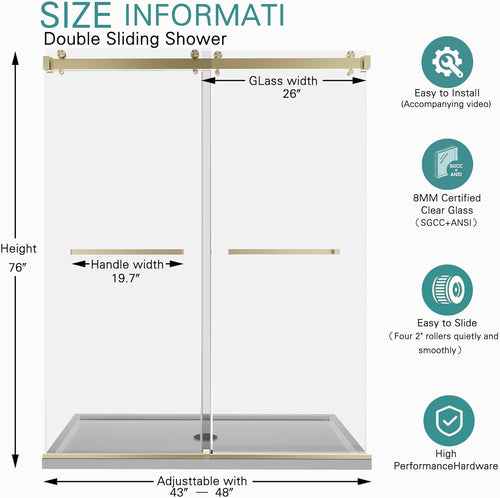 43-48" W x 76" H Frameless Double Sliding Shower Door for Walk-in Shower,5/16" (8mm) SGCC Certified Clear Tempered Safety Glass,Easy-Clean Coating,Quiet Heavy-Duty Roller System,Brushed Gold