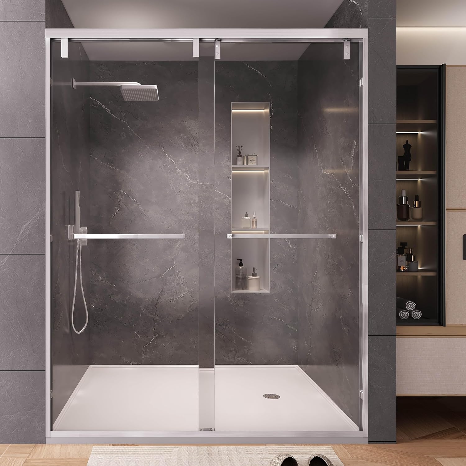 55-60" W x 76" H Shower Door, Double Sliding Shower Door 1/4" (6mm) SGCC Certified Glass Shower Door, Easy-Clean Bathroom Door, Walk-in Shower, Brushed Nickel
