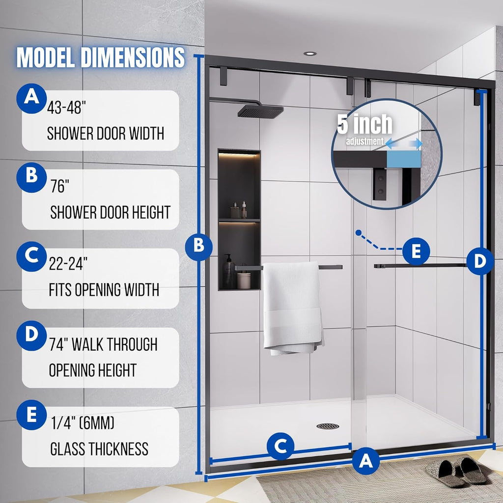 55-60" W x 76" H Shower Door, Double Sliding Shower Door 1/4" (6mm) SGCC Certified Glass Shower Door, Easy-Clean Bathroom Door, Walk-in Shower, Matte Black
