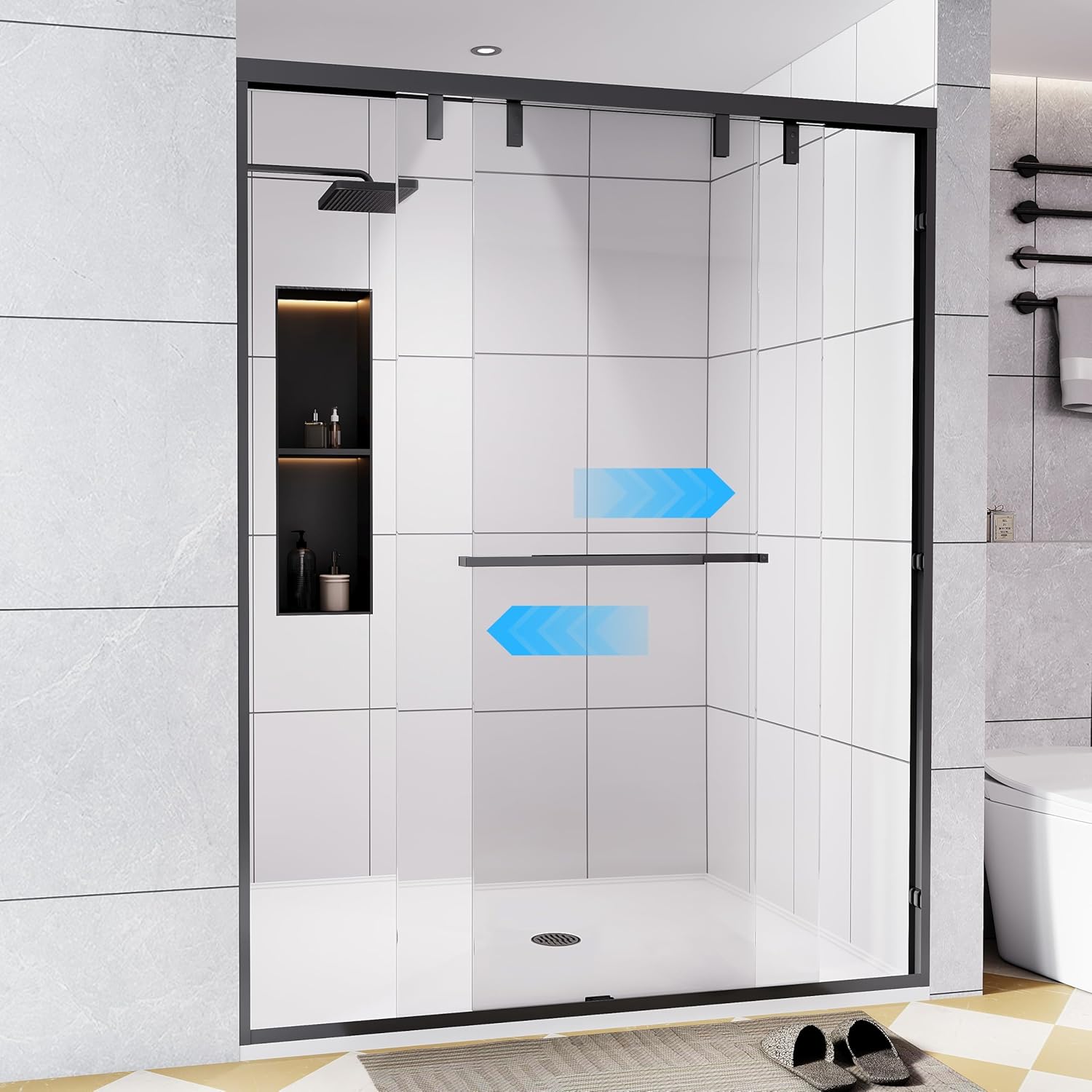 55-60" W x 76" H Shower Door, Double Sliding Shower Door 1/4" (6mm) SGCC Certified Glass Shower Door, Easy-Clean Bathroom Door, Walk-in Shower, Matte Black