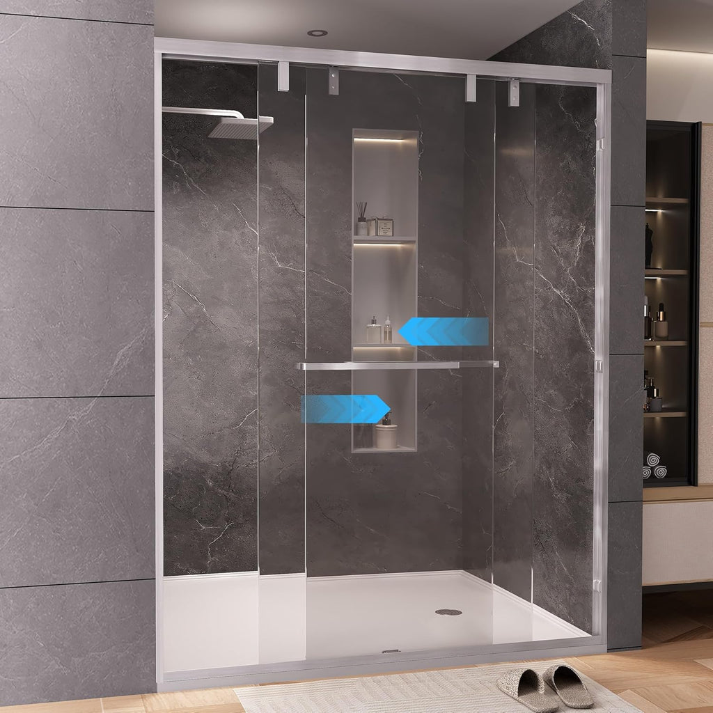 49-54" W x 76" H Shower Door, Double Sliding Shower Door 1/4" (6mm) SGCC Certified Glass Shower Door, Easy-Clean Bathroom Door, Walk-in Shower, Brushed Nickel