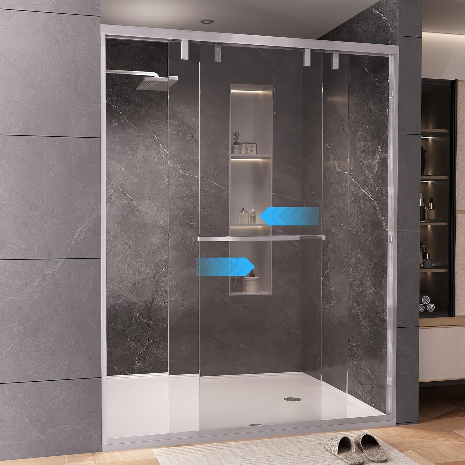 49-54" W x 76" H Shower Door, Double Sliding Shower Door 1/4" (6mm) SGCC Certified Glass Shower Door, Easy-Clean Bathroom Door, Walk-in Shower, Brushed Nickel