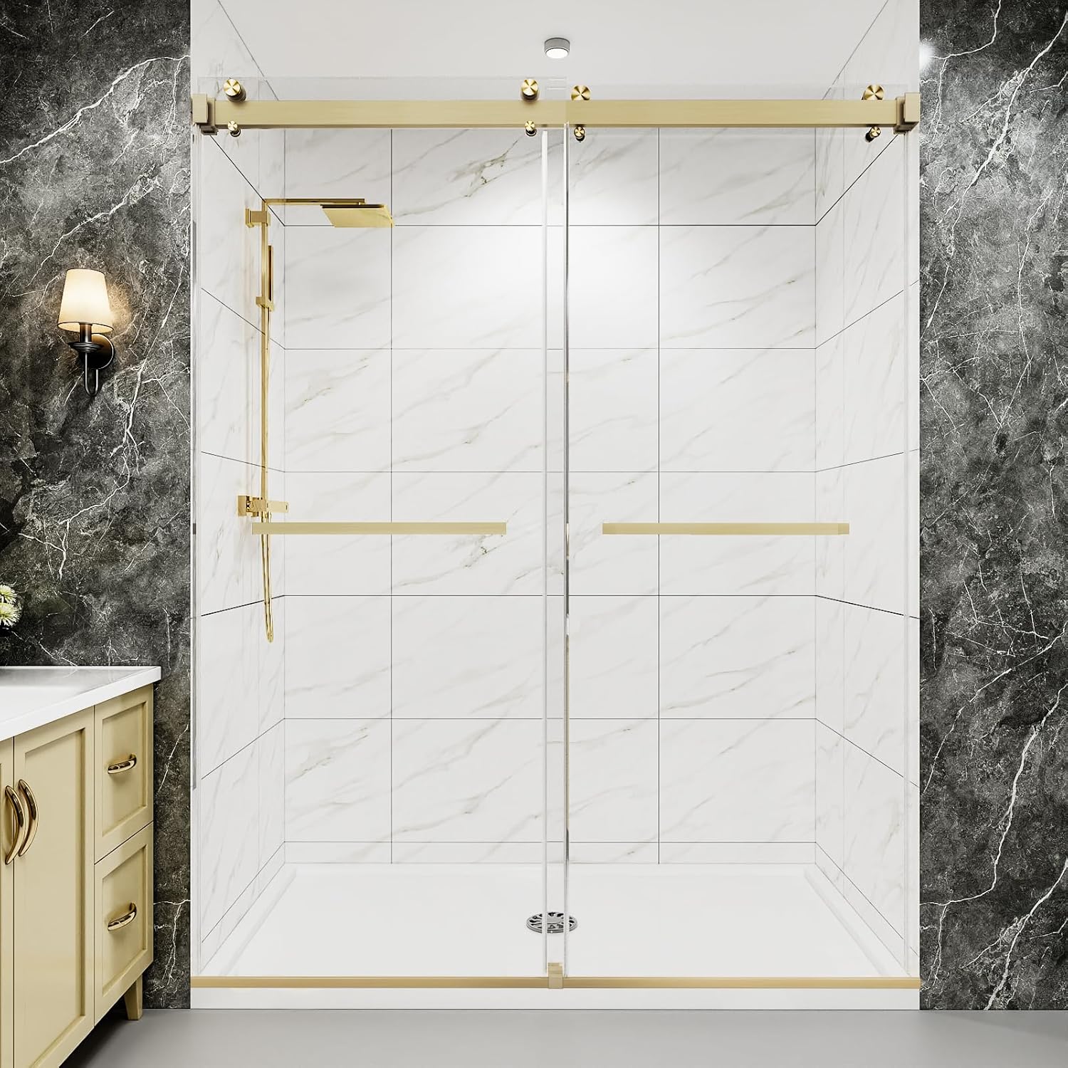 43-48" W x 76" H Frameless Double Sliding Shower Door for Walk-in Shower,5/16" (8mm) SGCC Certified Clear Tempered Safety Glass,Easy-Clean Coating,Quiet Heavy-Duty Roller System,Brushed Gold