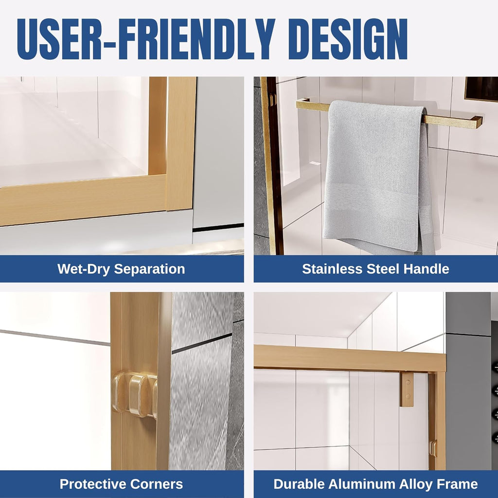 43-48" W x 76" H Shower Door, Double Sliding Shower Door 1/4" (6mm) SGCC Certified Glass Shower Door, Easy-Clean Bathroom Door, Walk-in Shower, Brushed Gold