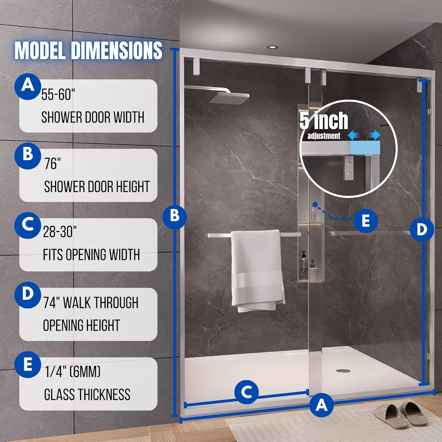 55-60" W x 76" H Shower Door, Double Sliding Shower Door 1/4" (6mm) SGCC Certified Glass Shower Door, Easy-Clean Bathroom Door, Walk-in Shower, Brushed Nickel