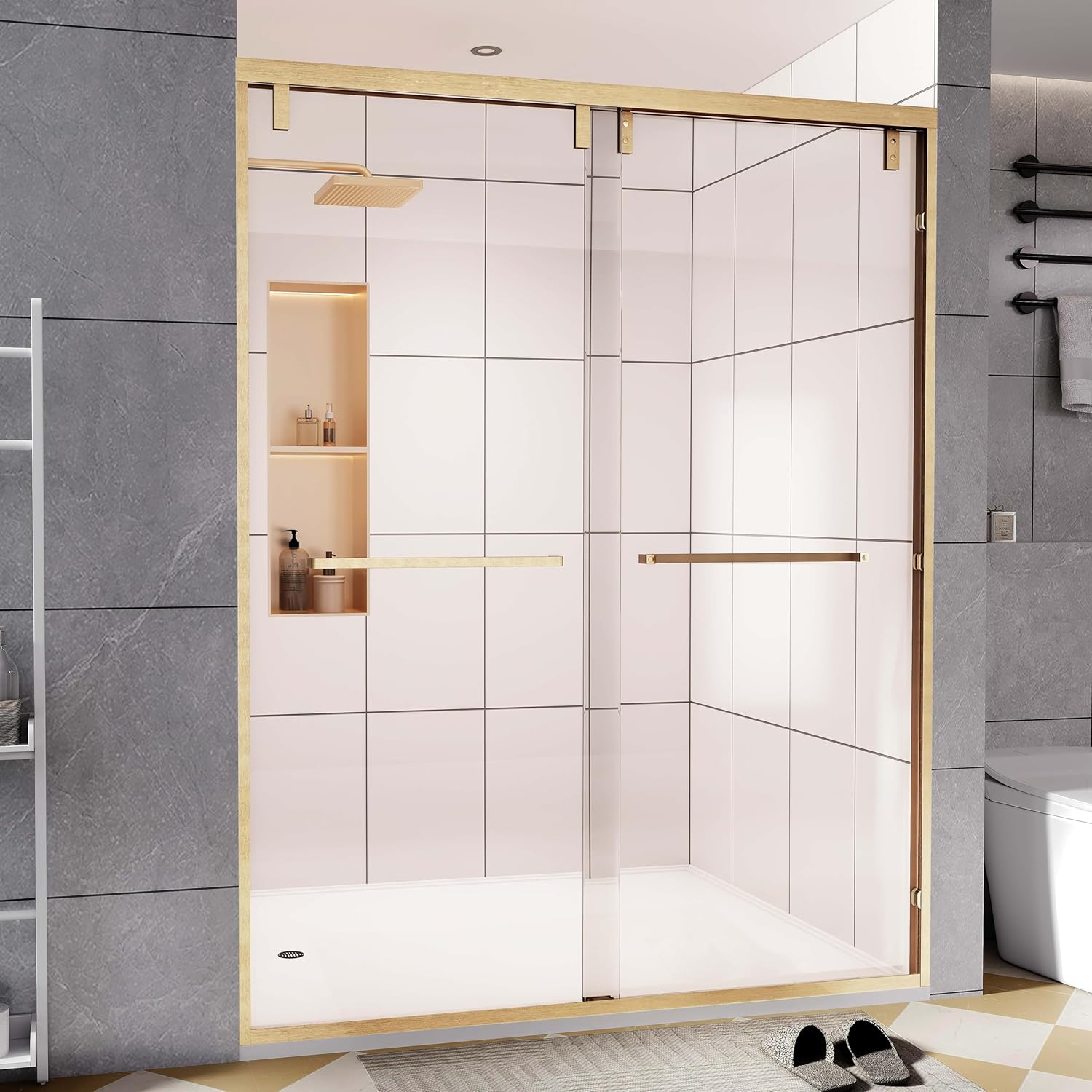 43-48" W x 76" H Shower Door, Double Sliding Shower Door 1/4" (6mm) SGCC Certified Glass Shower Door, Easy-Clean Bathroom Door, Walk-in Shower, Brushed Gold