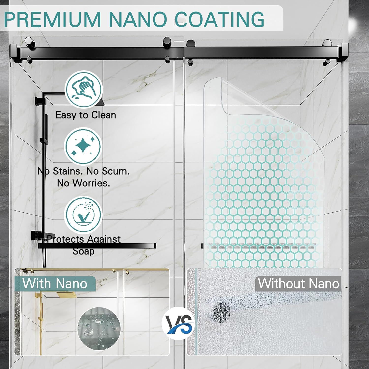 55-60" W x 72" H Frameless Double Sliding Shower Door for Walk-in Shower,5/16" (8mm) SGCC Certified Clear Tempered Safety Glass,Easy-Clean Coating,Quiet Heavy-Duty Roller System,Matte Black