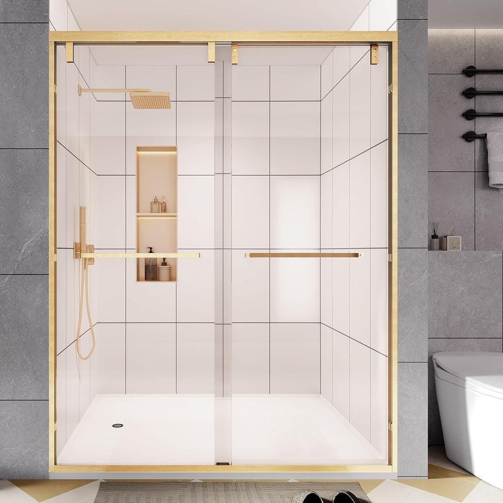 43-48" W x 76" H Shower Door, Double Sliding Shower Door 1/4" (6mm) SGCC Certified Glass Shower Door, Easy-Clean Bathroom Door, Walk-in Shower, Brushed Gold