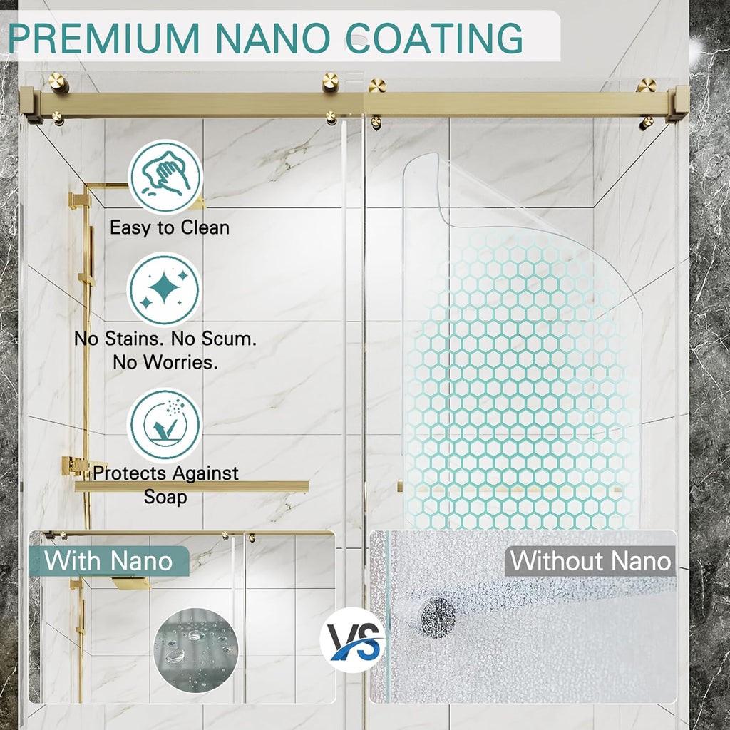 55-60" W x 72" H Frameless Double Sliding Shower Door for Walk-in Shower,5/16" (8mm) SGCC Certified Clear Tempered Safety Glass,Easy-Clean Coating,Quiet Heavy-Duty Roller System, Brushed Gold