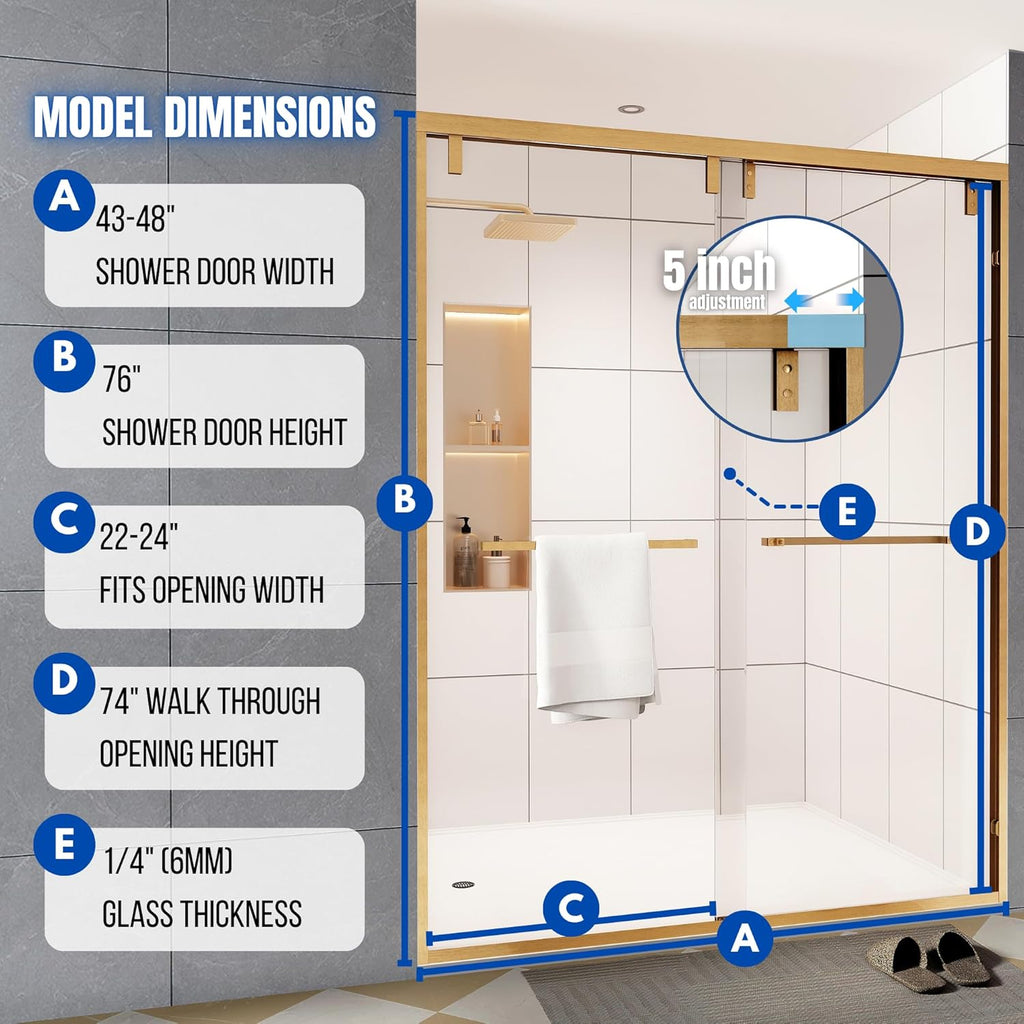 43-48" W x 76" H Shower Door, Double Sliding Shower Door 1/4" (6mm) SGCC Certified Glass Shower Door, Easy-Clean Bathroom Door, Walk-in Shower, Brushed Gold